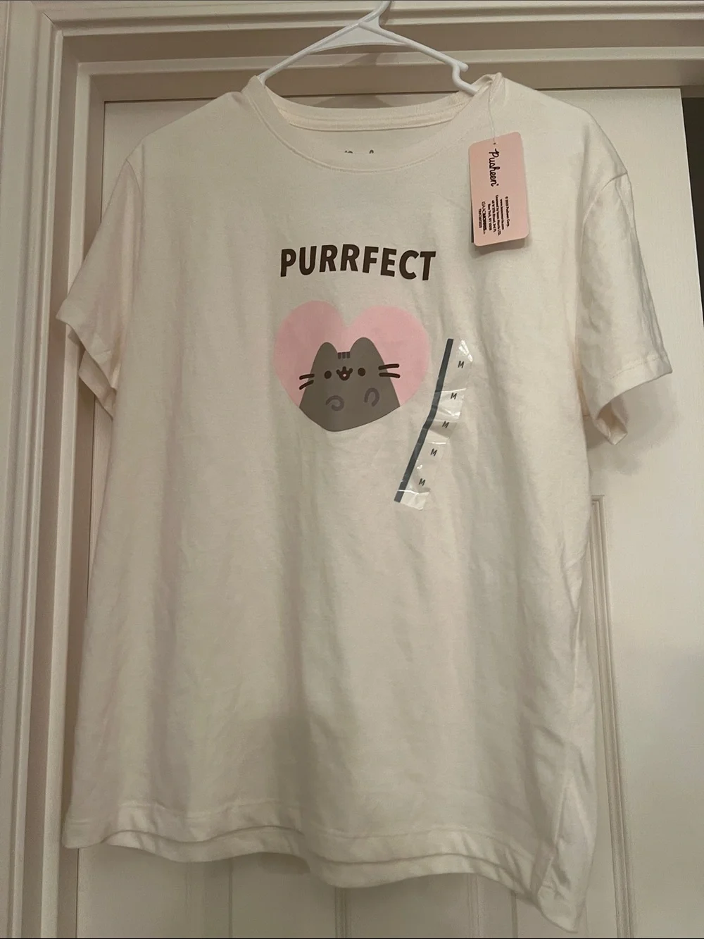Pusheen Purrfect Heart Cat T-Shirt - White with Pink & Gray Graphic